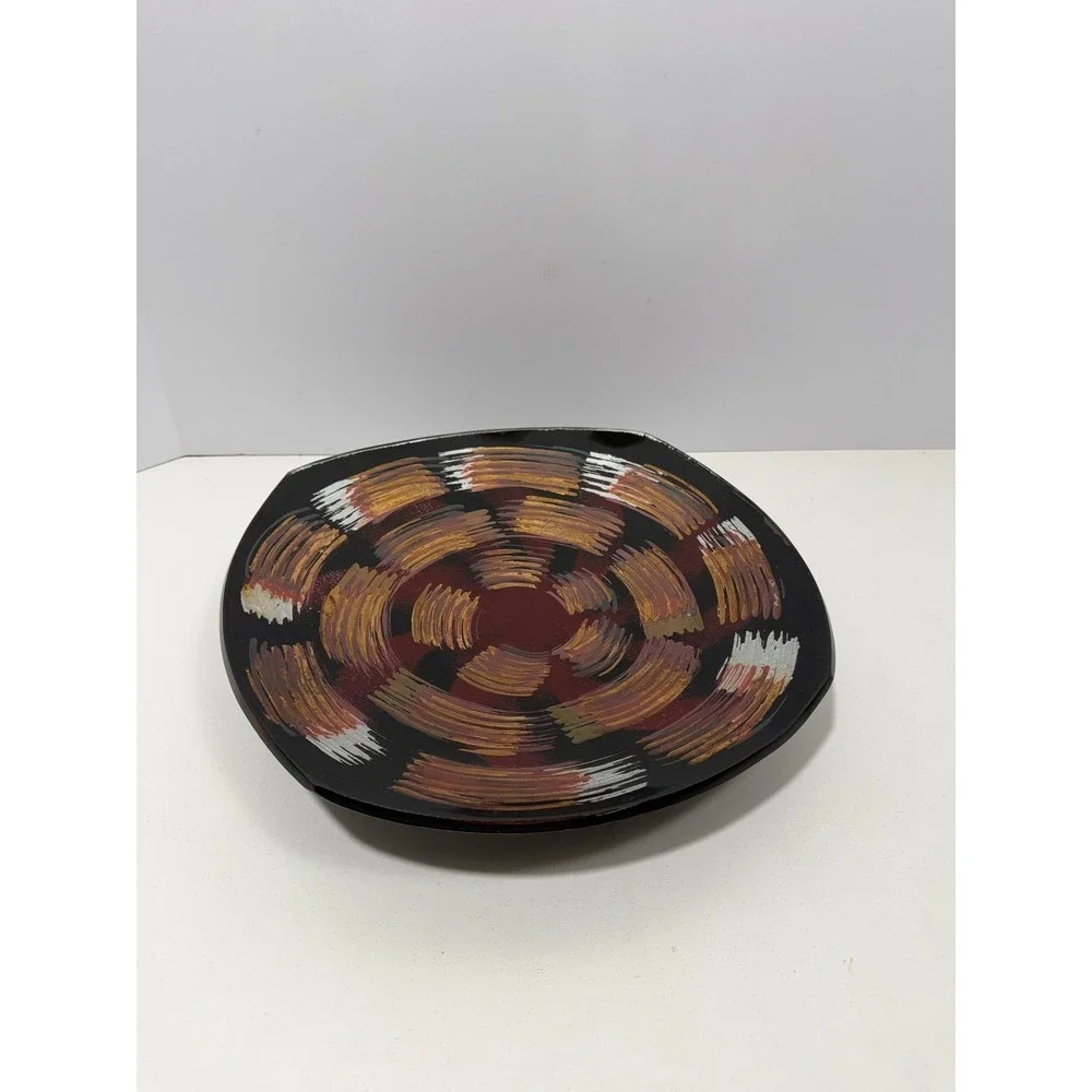 Signed Studio Art Glass Hand Painted Abstract Swirl Plate Black Gold 11.5 Inch